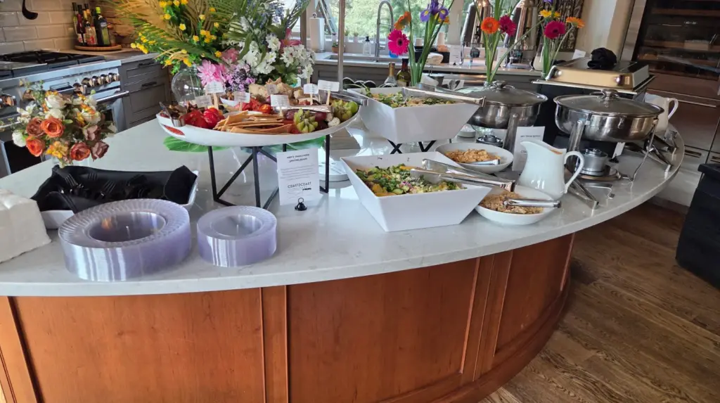 Corporate dining buffet along a curved counter
